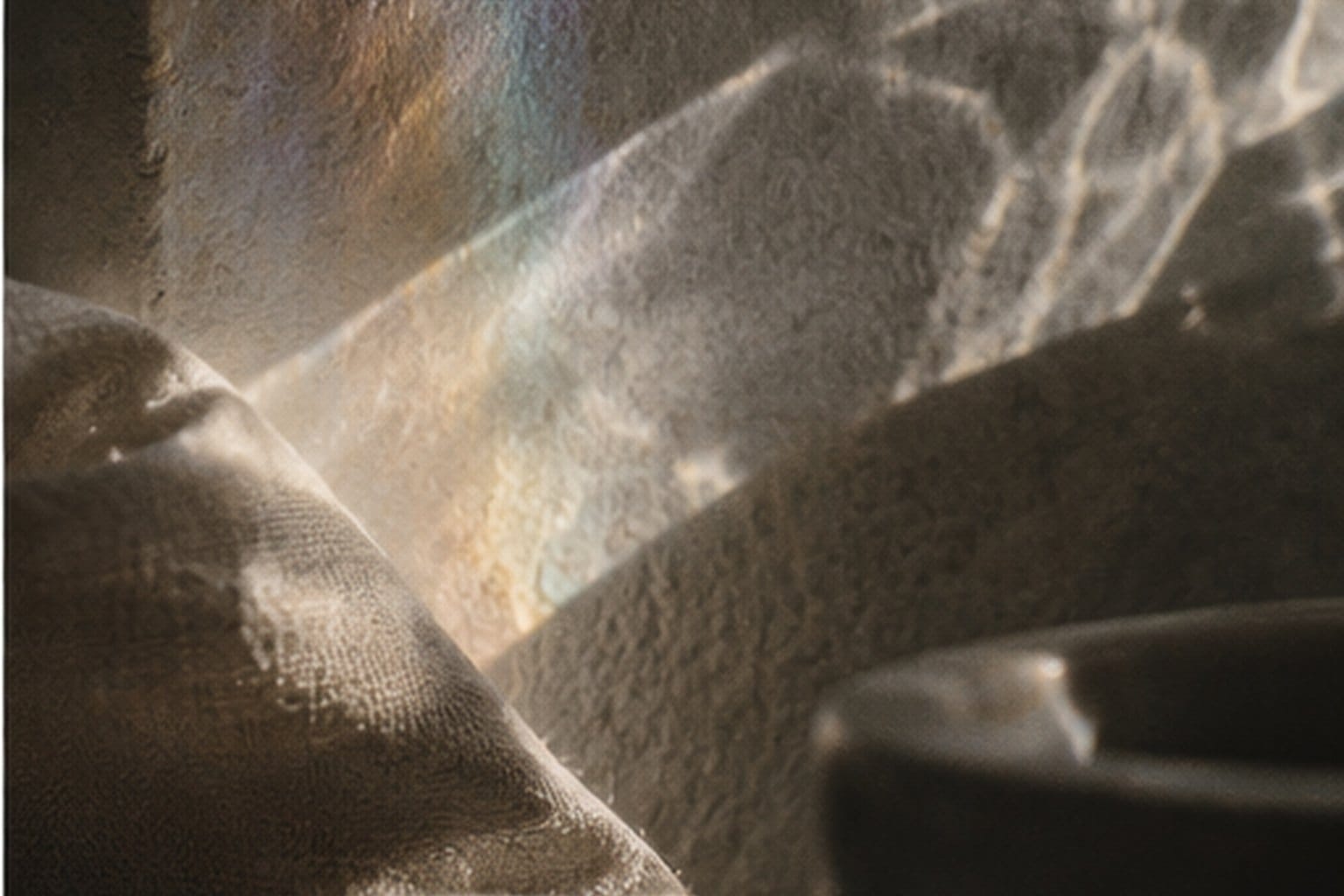 Folded linen with soft rainbow light falling across the weave