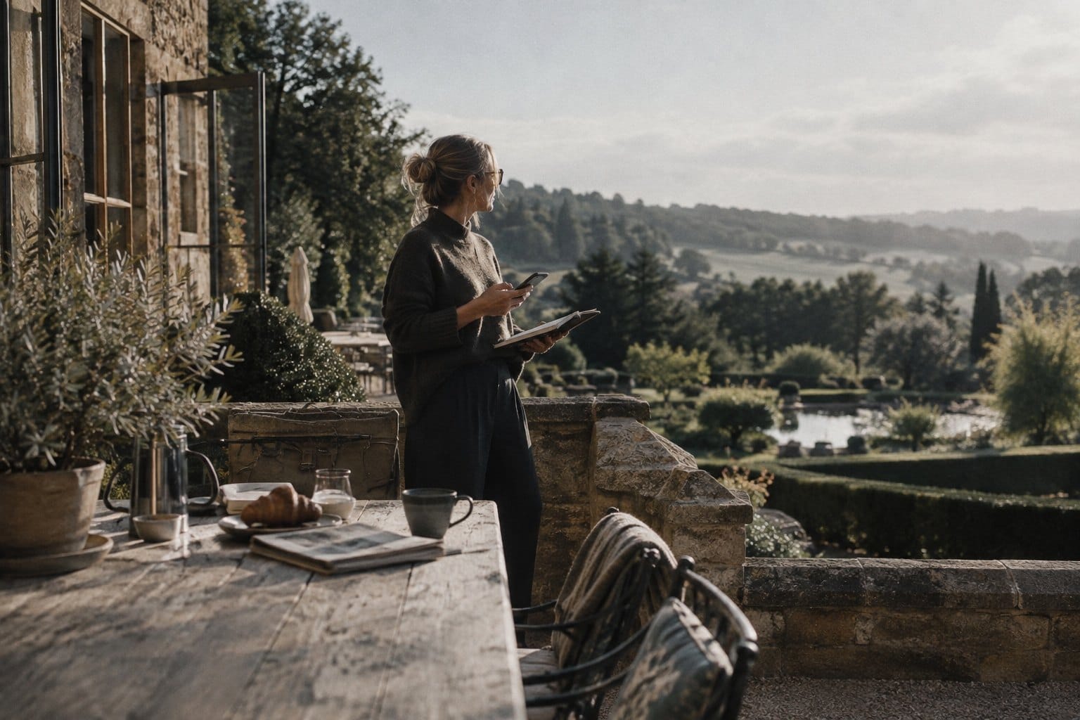 A woman standing with a notebook on a stone terrace looking out over formal gardens and countryside