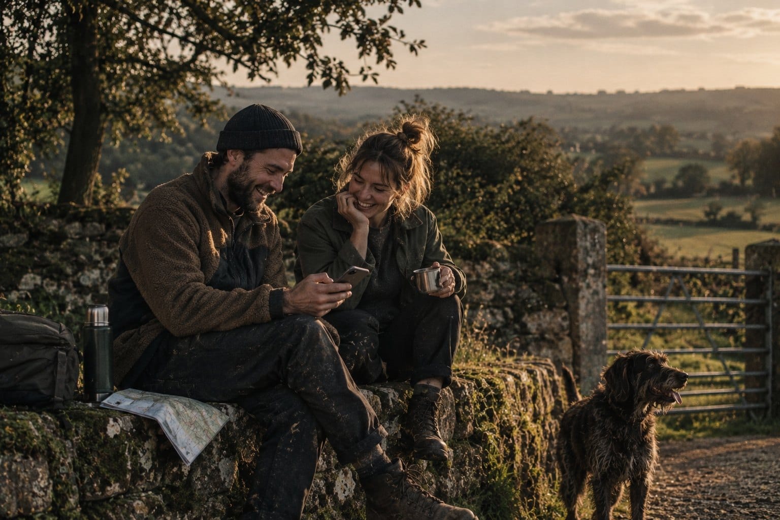 A couple sitting on a stone wall above a wide green valley in low sun, a dog beside them
