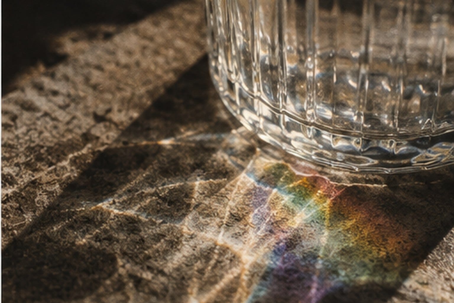A cut glass tumbler throwing caustic light and a small rainbow onto stone