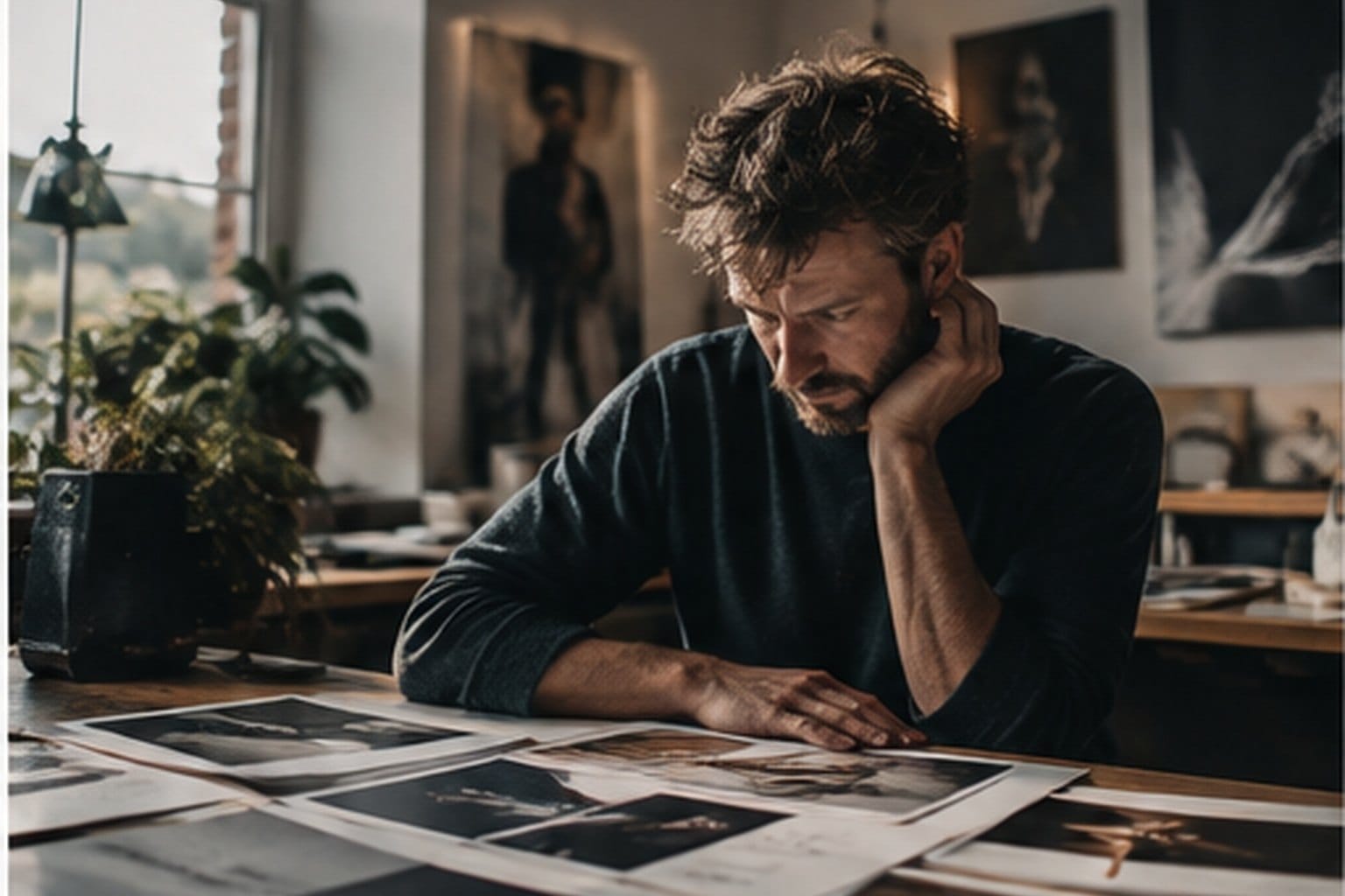 A man leaning over a table of photographic prints, studying them closely