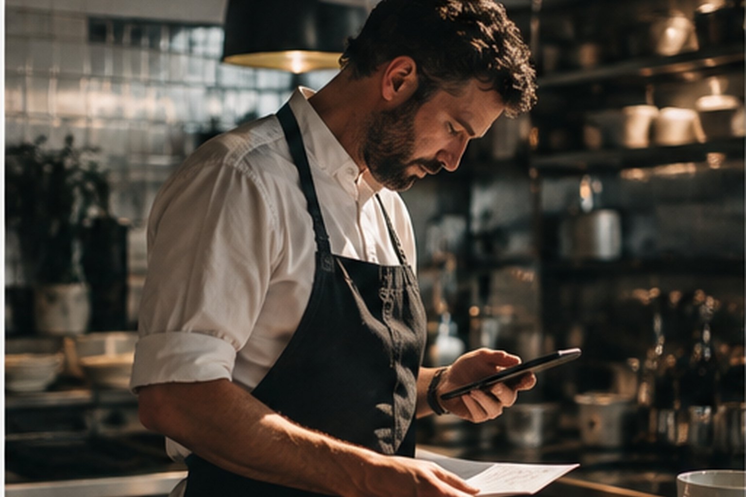 A chef in an apron checking paperwork and a phone in his own kitchen