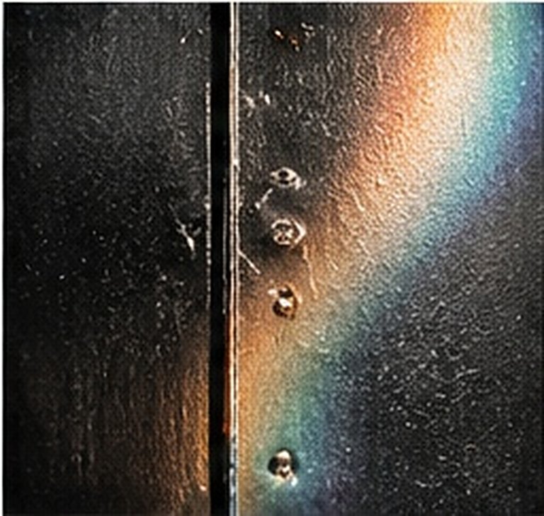 A band of rainbow light falling across a weathered metal door and its bolts