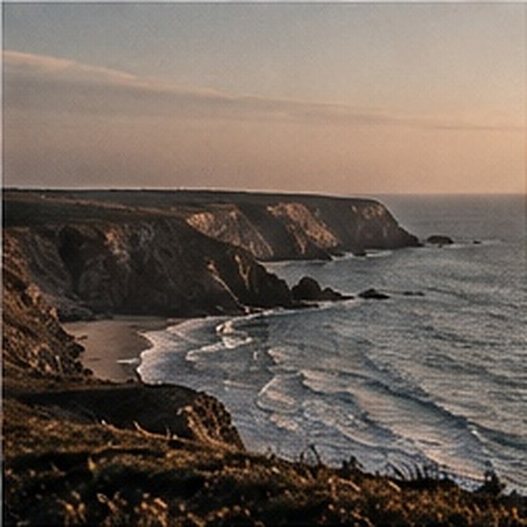 A coastline of cliffs and surf under a pale evening sky