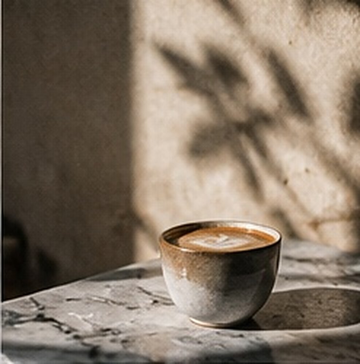 A cup of coffee on a stone table with a hard shadow falling across it
