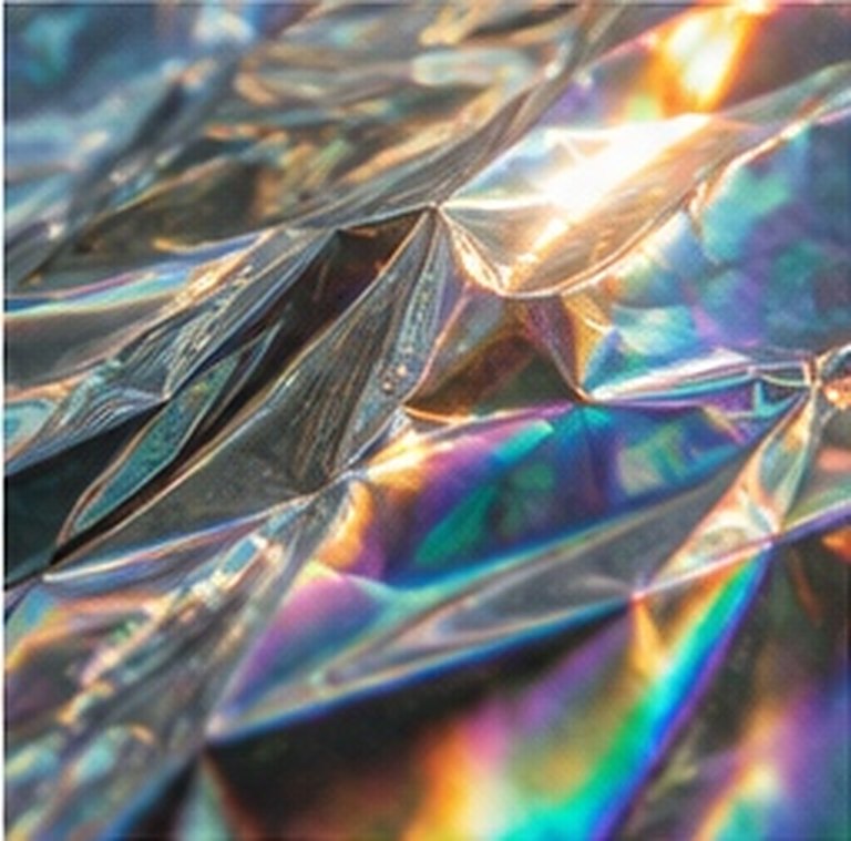 Crumpled iridescent foil catching the light in bands of blue, violet and gold