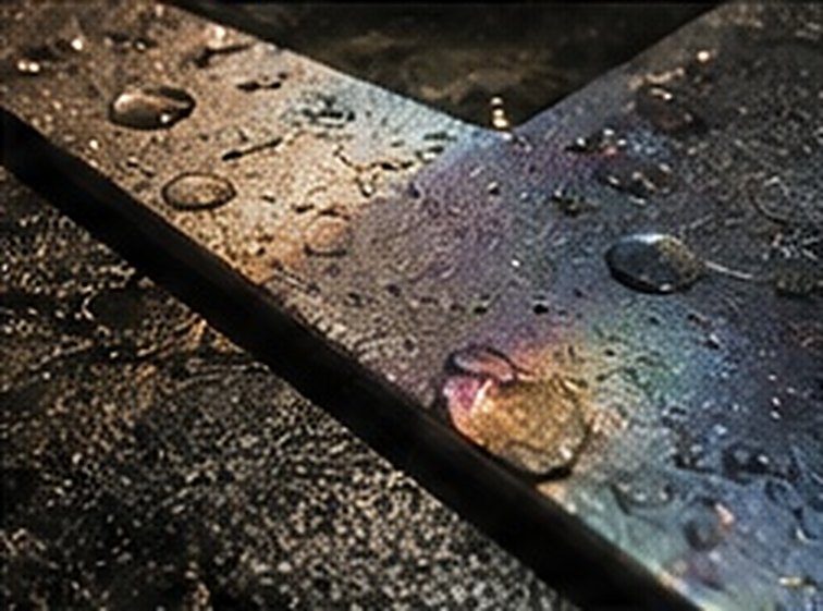 Beads of water on a steel plate with an oily rainbow sheen