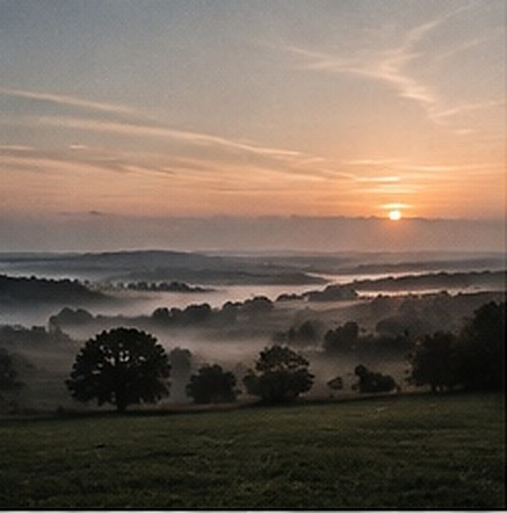 Sun rising over a misty valley with a single tree in the foreground