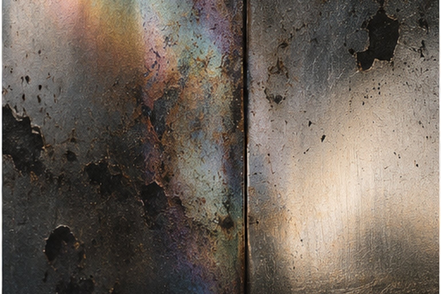 Two panels of aged, pitted metal catching a band of rainbow light