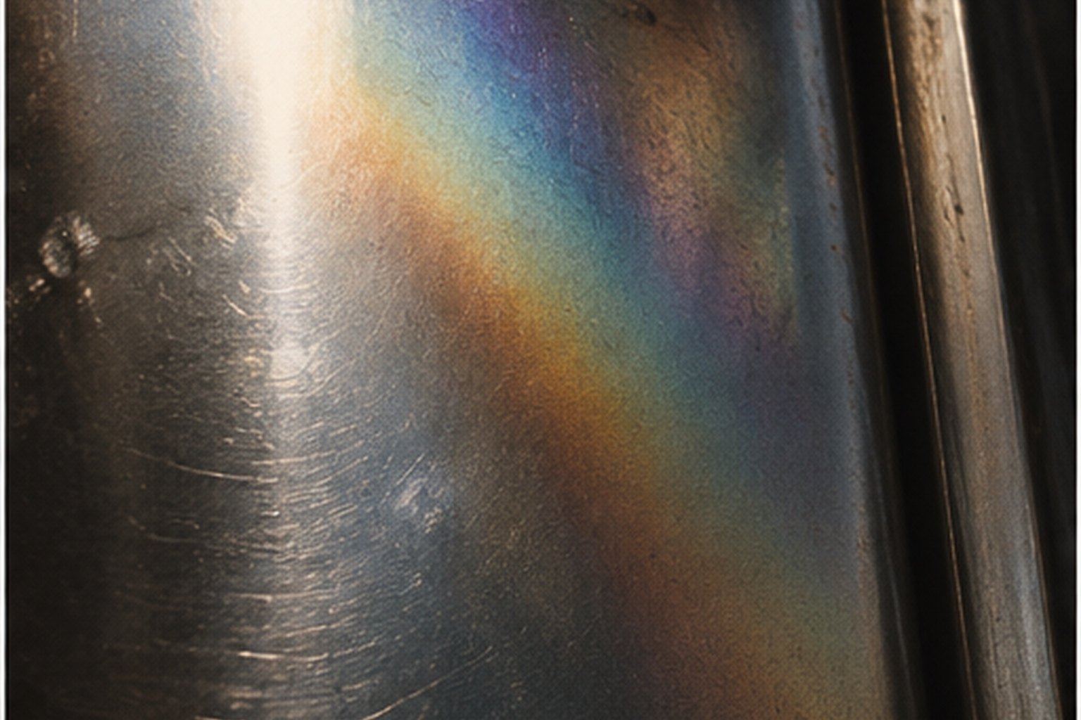 A band of rainbow light across brushed metal