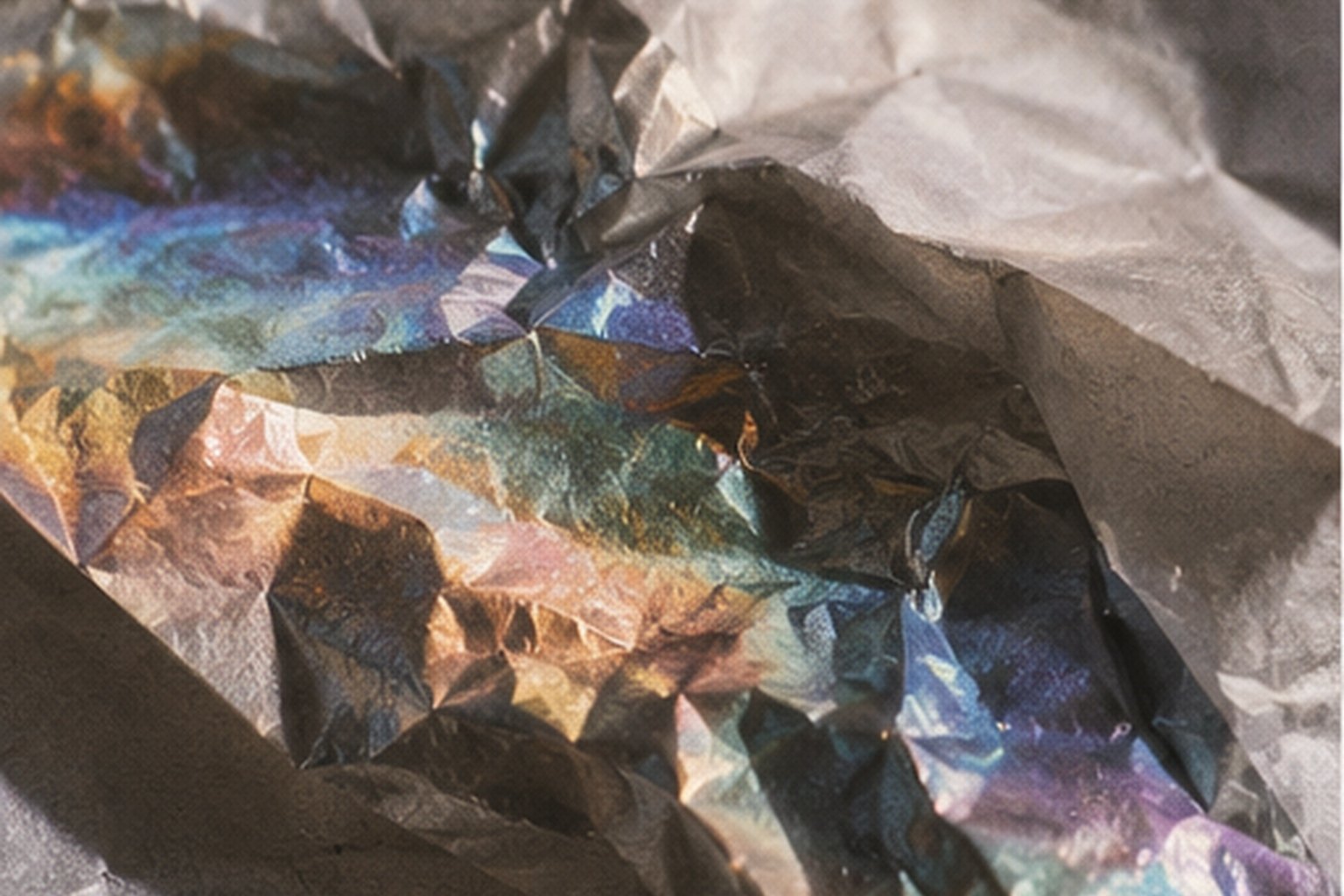 Crumpled iridescent foil catching blue and gold light