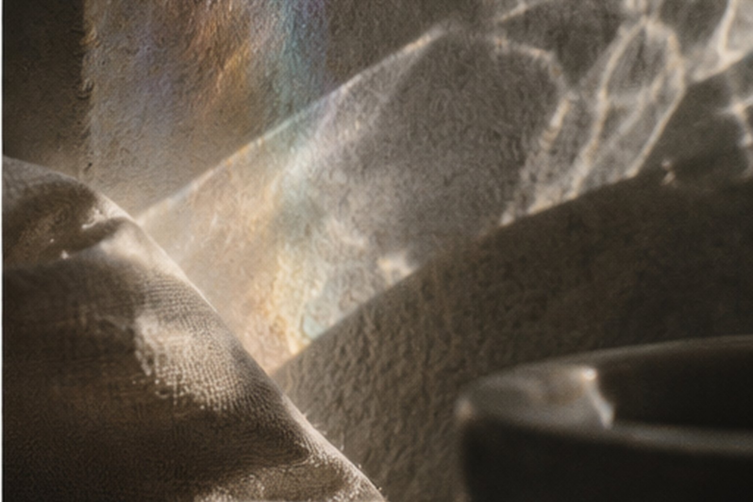 Folded linen against rough plaster, crossed by a band of rainbow light