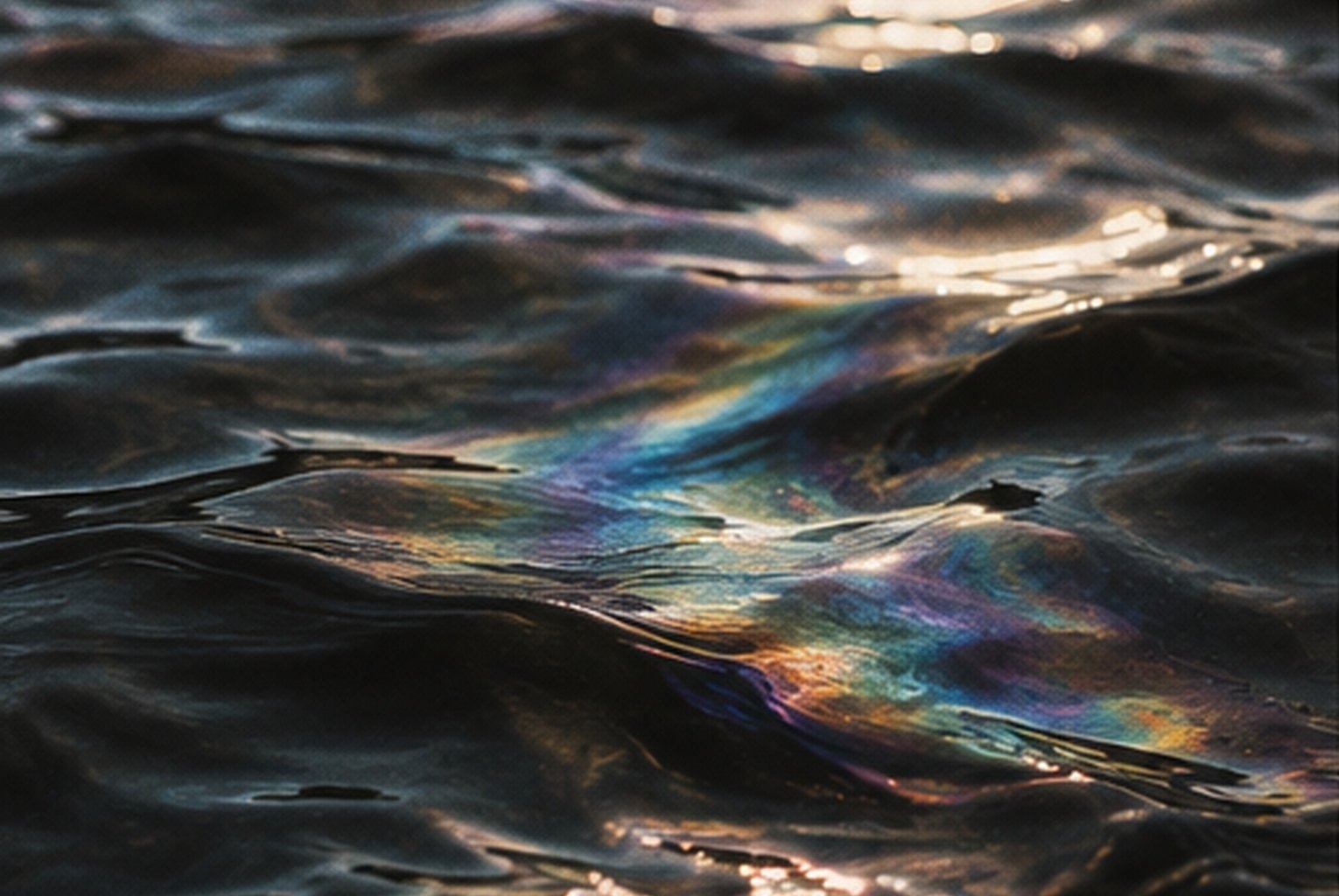 Dark rippling water with a sheen of rainbow light across it