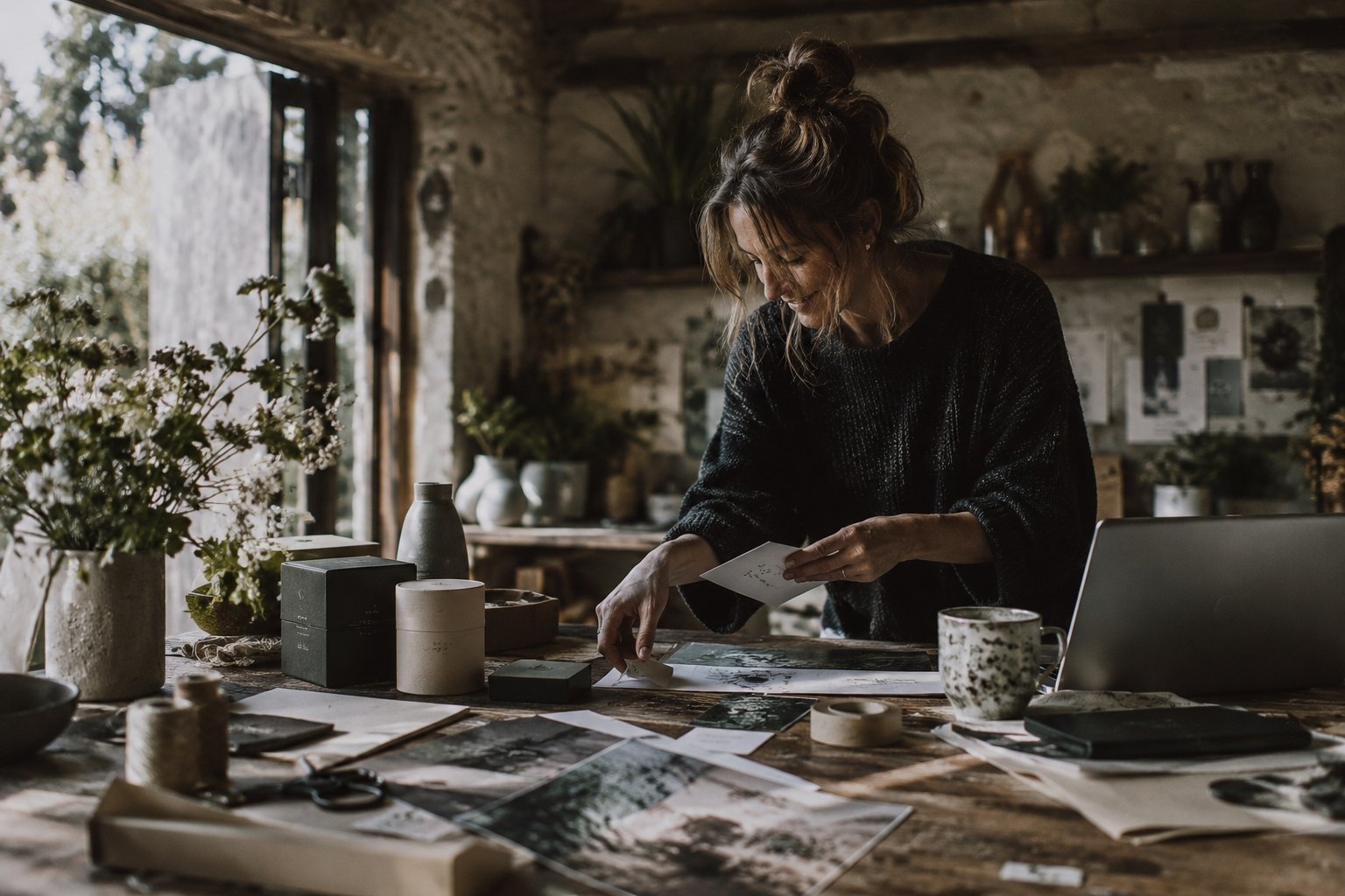 A woman sorting photographs on a work table scattered with flowers, tools and a laptop