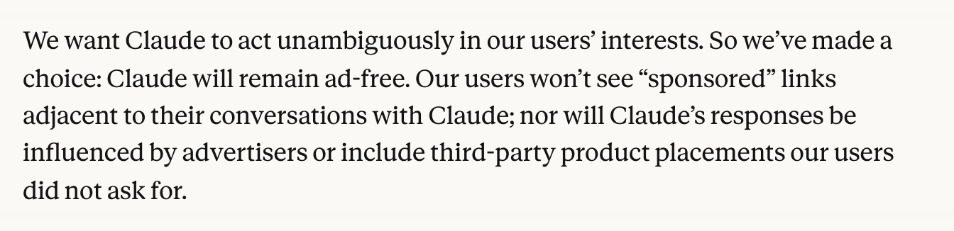 Screenshot of Anthropic's page "Claude is a space to think", showing the passage quoted above