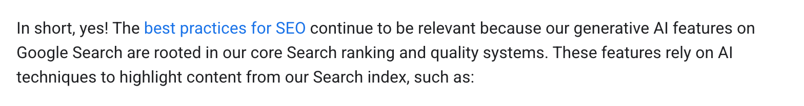 Screenshot of Google's page "Google's Guide to Optimizing for Generative AI Features on Google Search", showing the passage quoted above