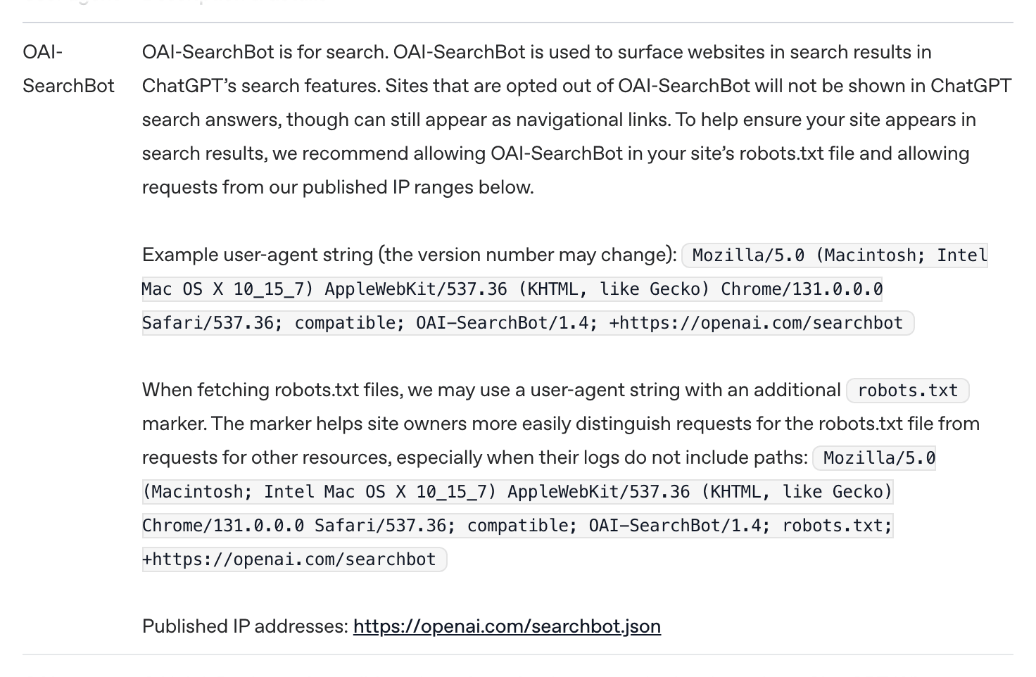 Screenshot of OpenAI's page "Overview of OpenAI Crawlers", showing the passage quoted above