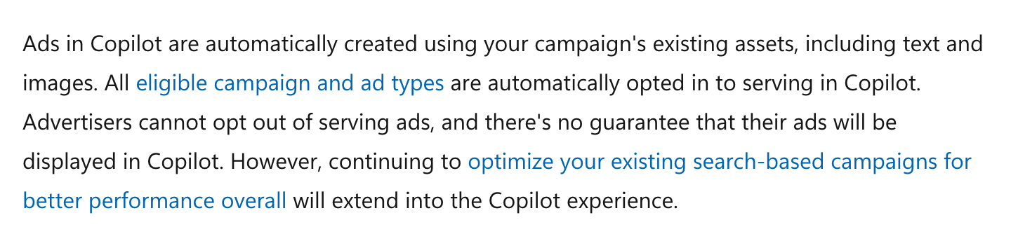 Screenshot of Microsoft Advertising's page "About ads in Copilot", showing the passage quoted above