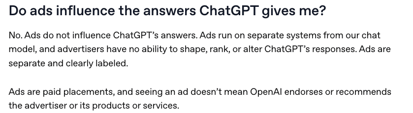 Screenshot of OpenAI's page "Ads in ChatGPT", showing the passage quoted above