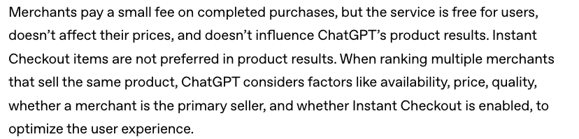 Screenshot of OpenAI's page "Buy it in ChatGPT: Instant Checkout and the Agentic Commerce Protocol", showing the passage quoted above