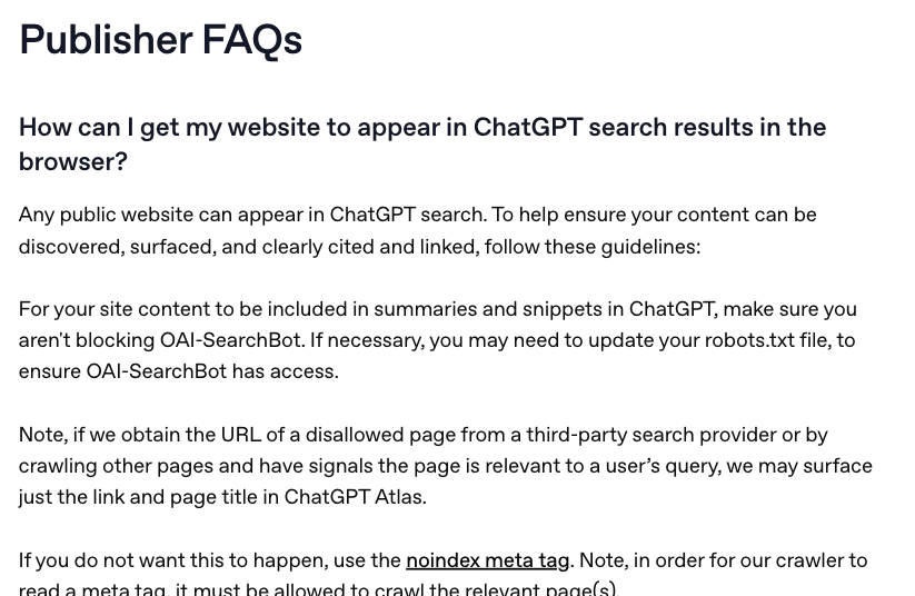 Screenshot of OpenAI's page "Publishers and Developers - FAQ", showing the passage quoted above