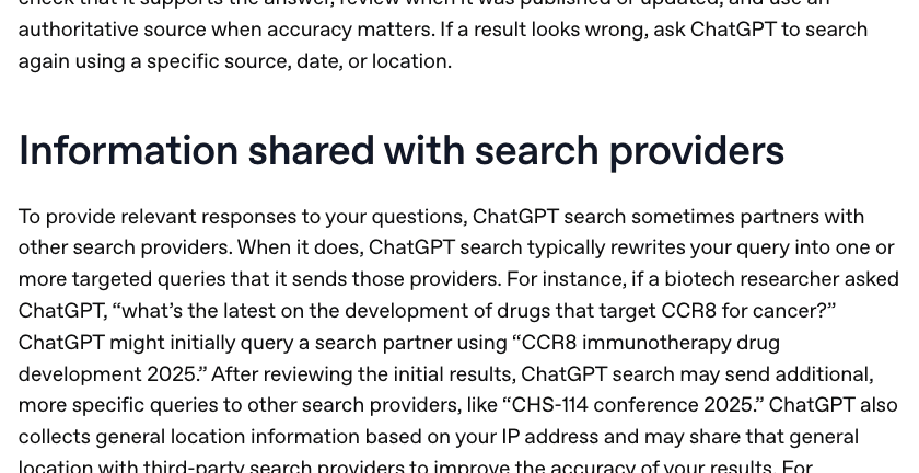 Screenshot of OpenAI's page "Searching the web with ChatGPT", showing the passage quoted above