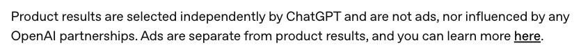 Screenshot of OpenAI's page "Shopping with ChatGPT Search", showing the passage quoted above