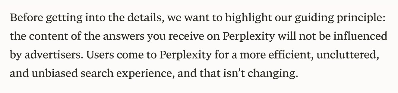 Screenshot of Perplexity's page "Why we're experimenting with advertising", showing the passage quoted above