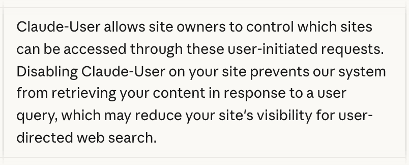 Screenshot of Anthropic's page "Does Anthropic crawl data from the web, and how can site owners block the crawler?", showing the passage quoted above