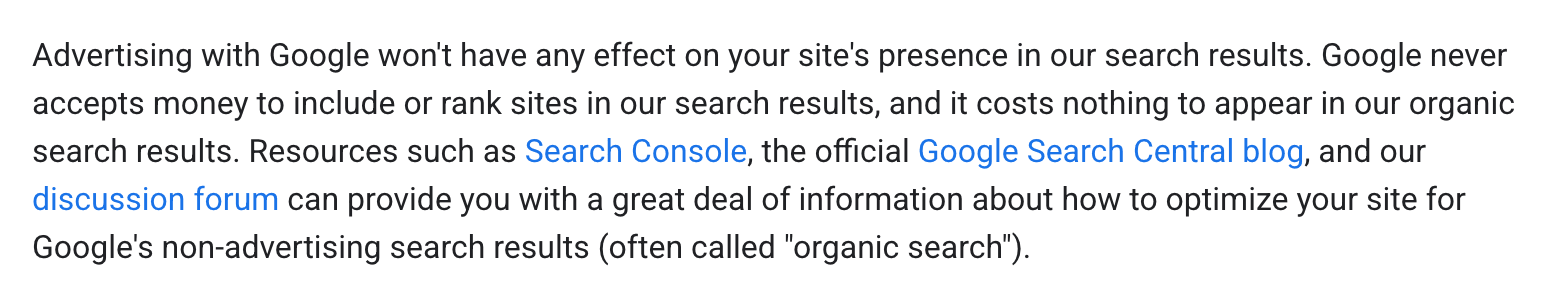 Screenshot of Google's page "Do You Need an SEO? Tips for Hiring an SEO", showing the passage quoted above