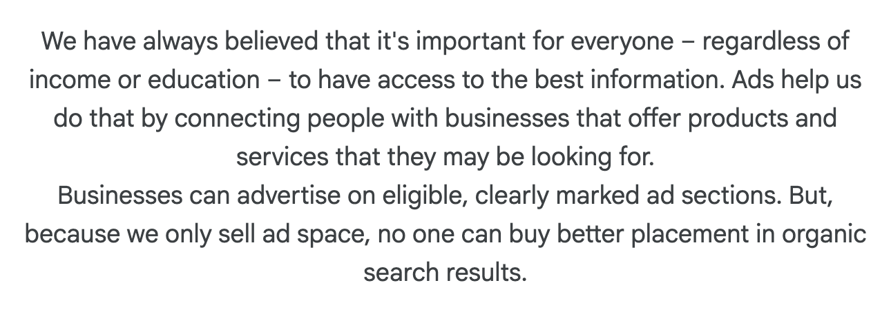 Screenshot of Google's page "Ads on Search", showing the passage quoted above