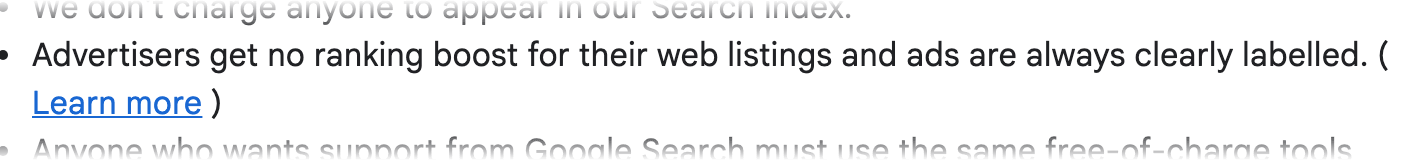 Screenshot of Google's page "Our Honest results policy", showing the passage quoted above
