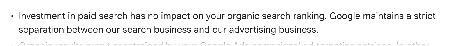 Screenshot of Google's page "About measuring paid and organic search results", showing the passage quoted above