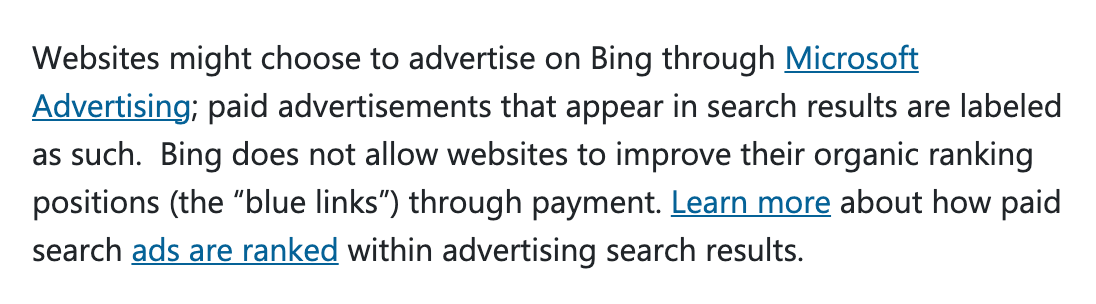 Screenshot of Microsoft's page "How Bing delivers search results", showing the passage quoted above
