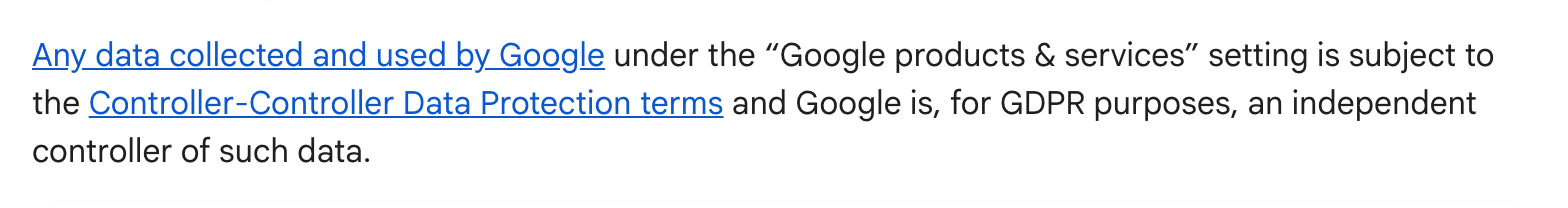Screenshot of Google's page "Data sharing settings", showing the passage quoted above