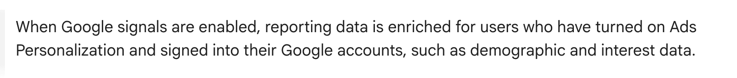 Screenshot of Google's page "Activate Google signals for Google Analytics properties", showing the passage quoted above