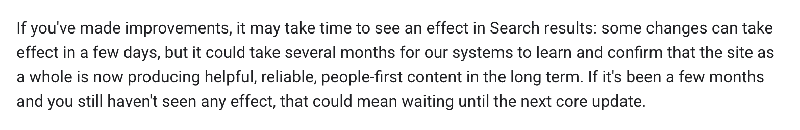 Screenshot of Google's page "Google Search's Core Updates", showing the passage quoted above