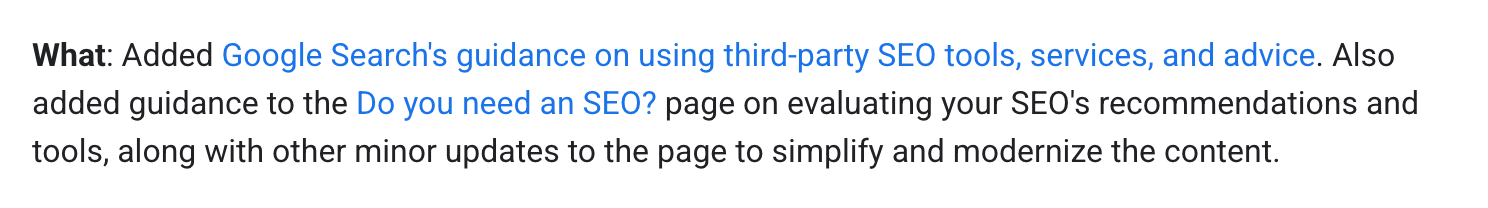 Screenshot of Google's page "Latest Google Search Documentation Updates", showing the passage quoted above