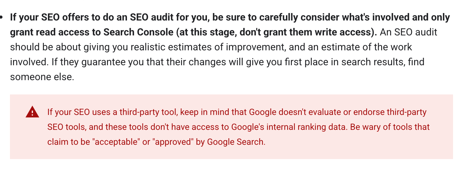 Screenshot of Google's page "Do You Need an SEO? Tips for Hiring an SEO", showing the passage quoted above