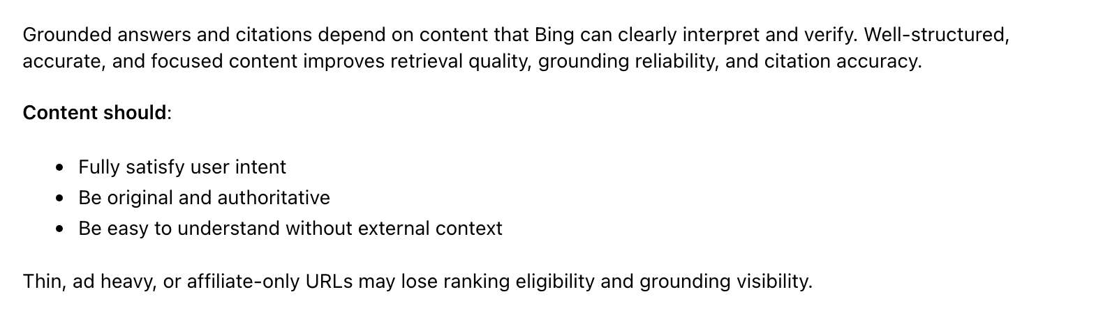 Screenshot of Microsoft Bing's page "Webmaster Guidelines", showing the passage quoted above