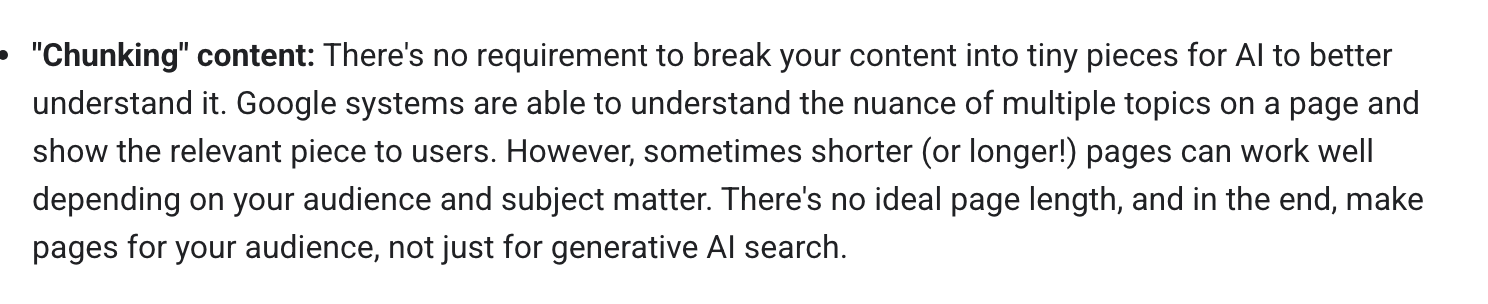 Screenshot of Google's page "Google's Guide to Optimizing for Generative AI Features on Google Search", showing the passage quoted above