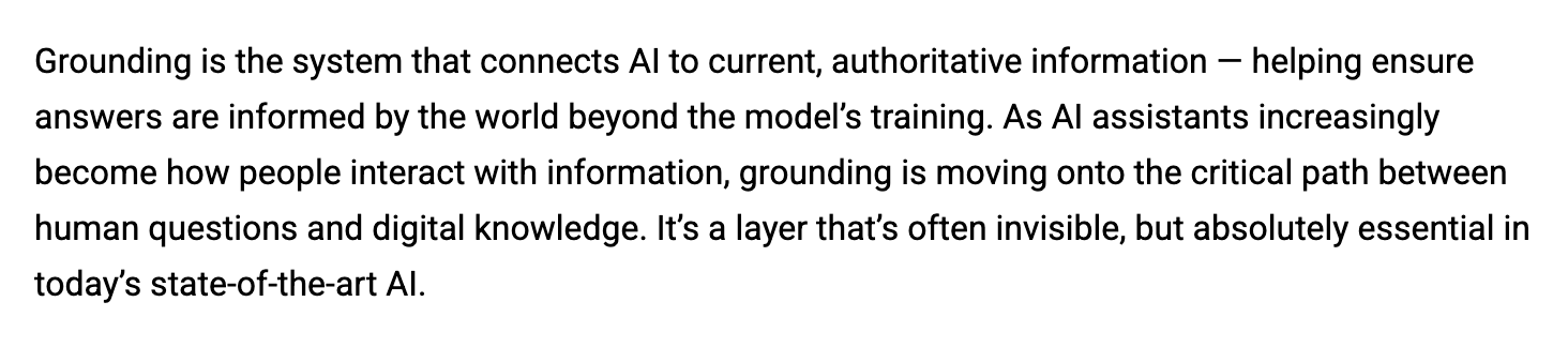 Screenshot of Microsoft Bing's page "Elevating the Role of Grounding on the AI Web", showing the passage quoted above