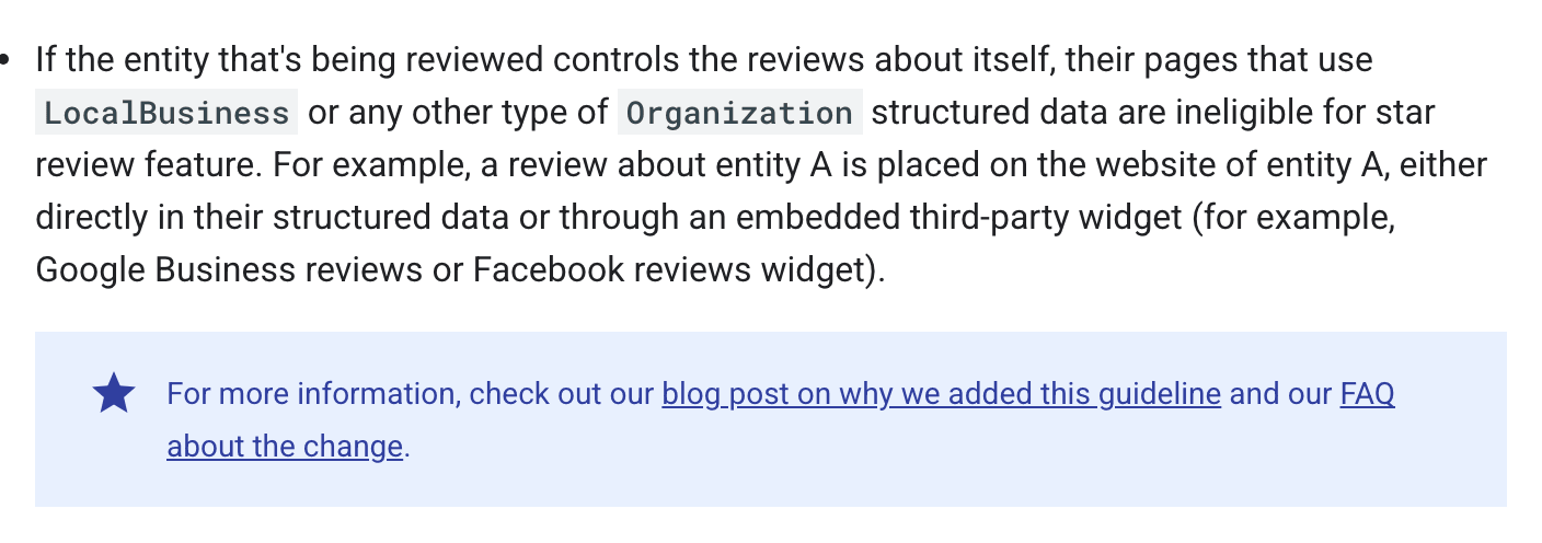 Screenshot of Google's page "Review Snippet (Review, AggregateRating) Structured Data", showing the passage quoted above