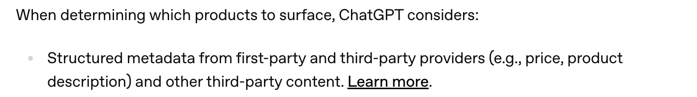 Screenshot of OpenAI's page "Shopping with ChatGPT Search", showing the passage quoted above
