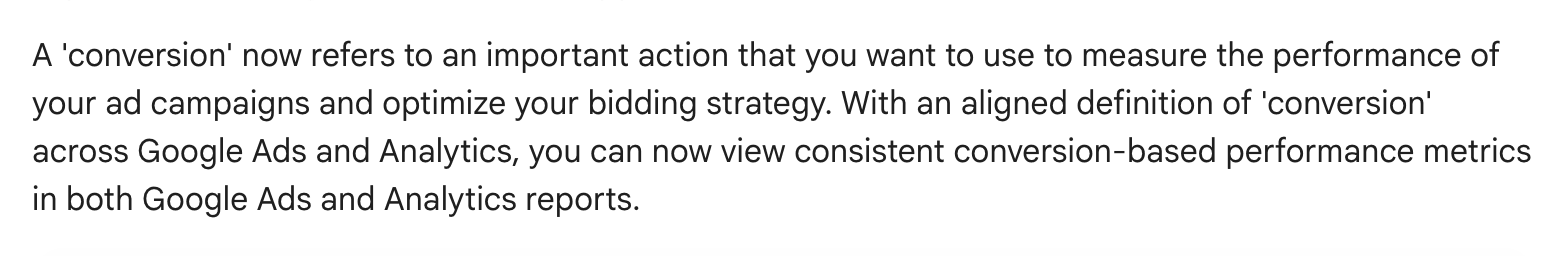 Screenshot of Google's page "Conversions vs. key events in Google Analytics", showing the passage quoted above
