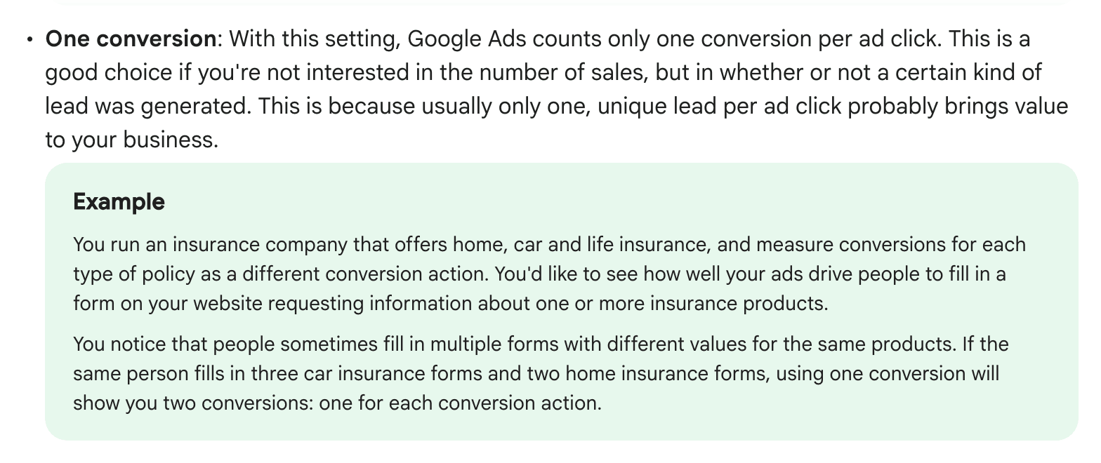 Screenshot of Google Ads Help's page "About conversion counting options", showing the passage quoted above