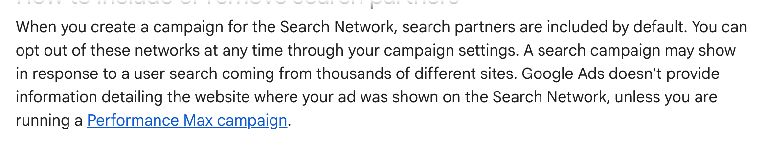 Screenshot of Google Ads Help's page "About the Google Search Network", showing the passage quoted above