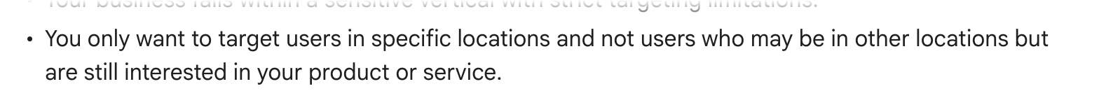 Screenshot of Google Ads Help's page "Target ads to geographic locations", showing the passage quoted above