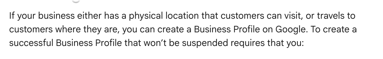Screenshot of Google's page "Guidelines for representing your business on Google", showing the passage quoted above