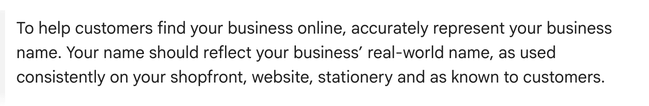 Screenshot of Google's page "Guidelines for representing your business on Google", showing the passage quoted above